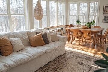 Obraz premium Cozy sunlit living space with dining area and plants.