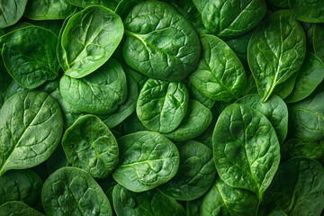 Fresh, vibrant spinach leaves arranged in a close-up shot.