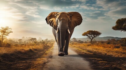 Obraz premium Elephant Walking in Nature, Minimalist Style with Copy Space for Text