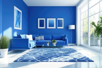 Fototapeta premium Modern blue living room with stylish decor and plants.