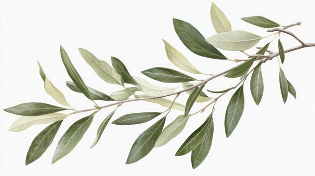 Illustration of an olive branch with green leaves and floral details