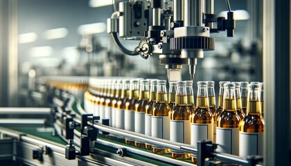 Close-up of the labeling machine applying labels to bottles on a production line, with a focus on the mechanism and labels.