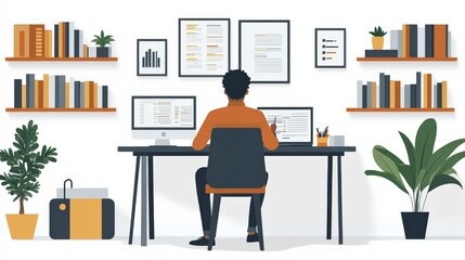 Focused Productivity: A man immersed in his home office, surrounded by organized bookshelves and lush plants, epitomizing work-life balance in a minimalist illustration. 