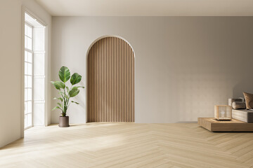 Minimalist empty living room with light wooden flooring, potted plant, arched wood paneling, and neutral-toned furniture with soft lighting.