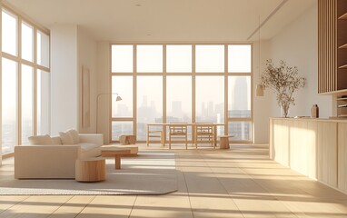 Fototapeta premium Natural Modern Living Room with Light Wood Flooring, Minimalist Furniture, and Large Windows for a Bright and Comfortable Design
