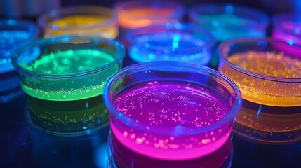 Glowing biofluorescent bacteria cultures in petri dishes, microbiology research, biotechnology lab close-up