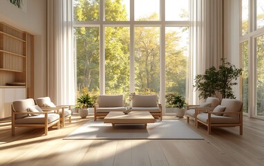 Fototapeta premium Natural Modern Living Room with Light Wood Flooring, Minimalist Furniture, and Large Windows for a Bright and Comfortable Design