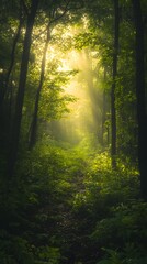 Fototapeta premium Sunbeams Illuminating a Path Through a Misty Forest