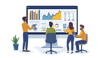 Data-Driven Success: A team collaborates on a strategic analysis of colorful charts and graphs displayed on a large computer screen, symbolizing data analysis, teamwork, and business growth. 