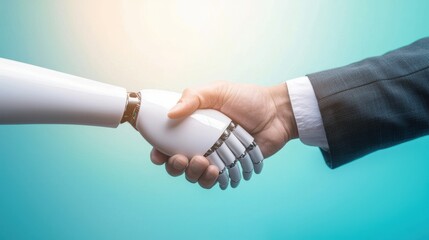 A human hand shakes a robotic hand, symbolizing collaboration between technology and humanity in a modern business environment.