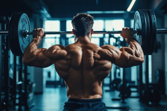 Muscular young man doing squats with barbell in gym