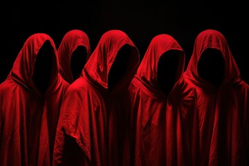 Mysterious figures in red cloaks Unknown person with hidden face Ghostly presence Part of a sect Secretive group Dark background