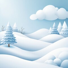 Serene winter landscape featuring snow-covered hills, frosty trees, and gentle clouds in a tranquil blue sky.