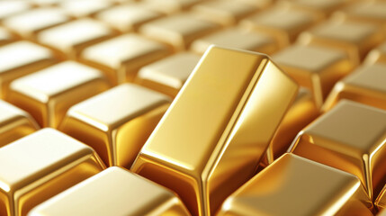 Fototapeta premium Stack of gold bars with shiny reflections Close-up of stacked gold bars reflecting light, symbolizing wealth, investment, and financial security in a vibrant golden hue