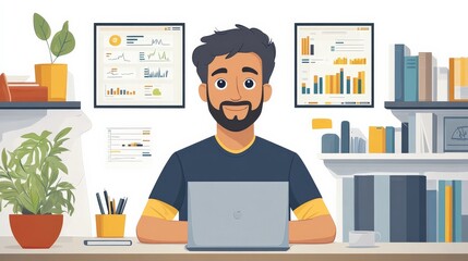 Focused and Ready: A young man with a beard, sits at his desk working on a laptop, ready to tackle the day's tasks. He is surrounded by graphs and charts, indicating his commitment to success. The gre