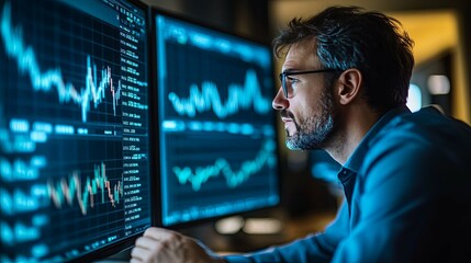 Man Analyzing Stock Market Data on Computer Screens