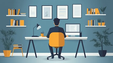 Focused Productivity: A man engrossed in his work, seated at his meticulously organized home office desk in a contemporary illustration. The blue-toned room exudes calm and concentration. 