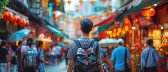Naklejka premium Tourists walking along the bustling streets of Bangkoks Chinatown, traveling in Thailand, vibrant and lively atmosphere, urban backdrop, isolated background