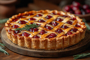A freshly baked cherry pie with a lattice crust.
