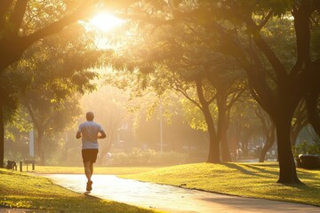 Senior male jogging in early morning sunlit park