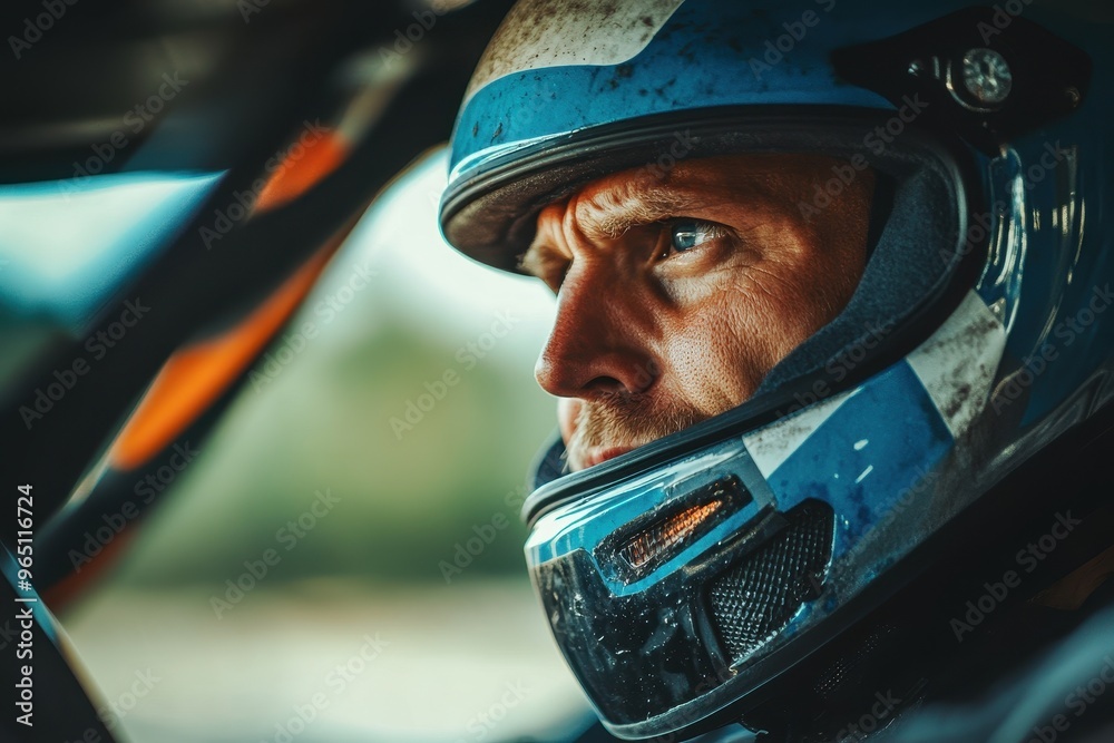 Wall mural serious rally driver with helmet looking forward through car window at racing competition