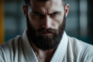 Serious man in kimono practicing aikido at gym preparing for competition Fit model ready for training