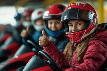Six people in helmets prepare for karting woman in red gives thumbs up focus on right woman