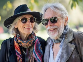 Smiling older adults in trendy clothing, walking in a park on a sunny day, showing active lifestyle and happiness, modern aging concept, isolated white background, copy space
