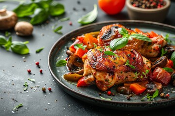 A beautifully arranged plate of chicken cacciatore with mushrooms and peppers