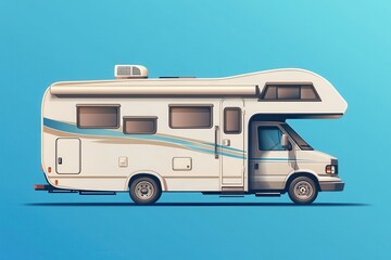 Sky blue background with caravan recreational vehicle for family vacation road trips and camping