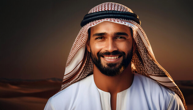 Handsome good looking middle Eastern Mediterranean Arab man big smile slight beard keffiyeh