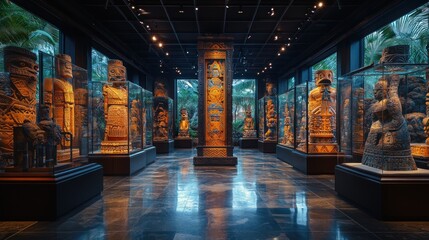 Museum exhibit showcasing ancient sculptures in a modern setting.