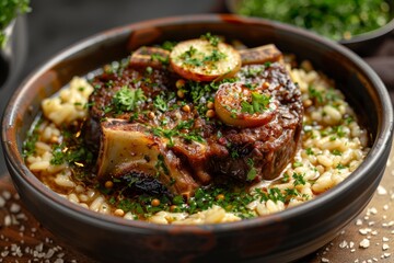 A dish of Italian osso buco with risotto and gremolata