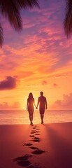 A couple walking hand-in-hand along a secluded beach, footprints in the sand, with a pink and orange sky
