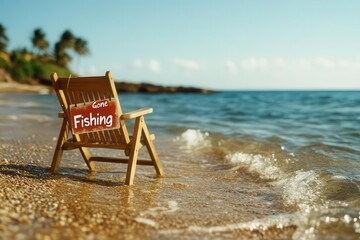Fototapeta premium A quiet beach scene with an empty office chair facing the ocean, a 