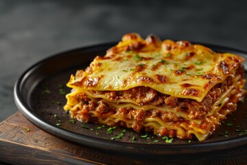 A slice of Italian lasagna with layers of pasta, meat, and cheese