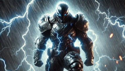 A close-up of a powerful armored warrior standing amidst a fierce electrical storm.