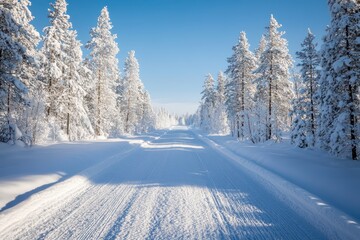 Obraz premium Snowy road in Levi village in Lapland Finland on a freezing January day Trees covered in snow and ice Desolate scene under clear blue sky