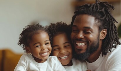 A happy black colored family with two children sitting on the sofa at home, laughing and playing together in the living room. High-quality, realistic photograph. 