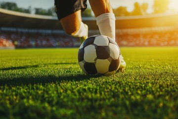Soccer striker preparing to kick ball at stadium
