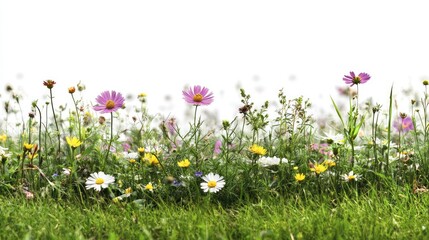 Fototapeta premium A vibrant field of daisies and chamomiles blooming in the grass under a clear blue sky
