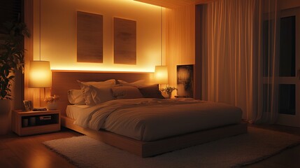 Cozy bedroom with a plush bed, textured pillows, soft rugs, and warm lighting from bedside lamps, highlighting a calming atmosphere