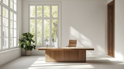 Minimalist office space with clean white walls, a large wooden desk, ergonomic chair, and natural light streaming through large windows