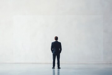 Sophisticated individual standing and observing large blank area concept