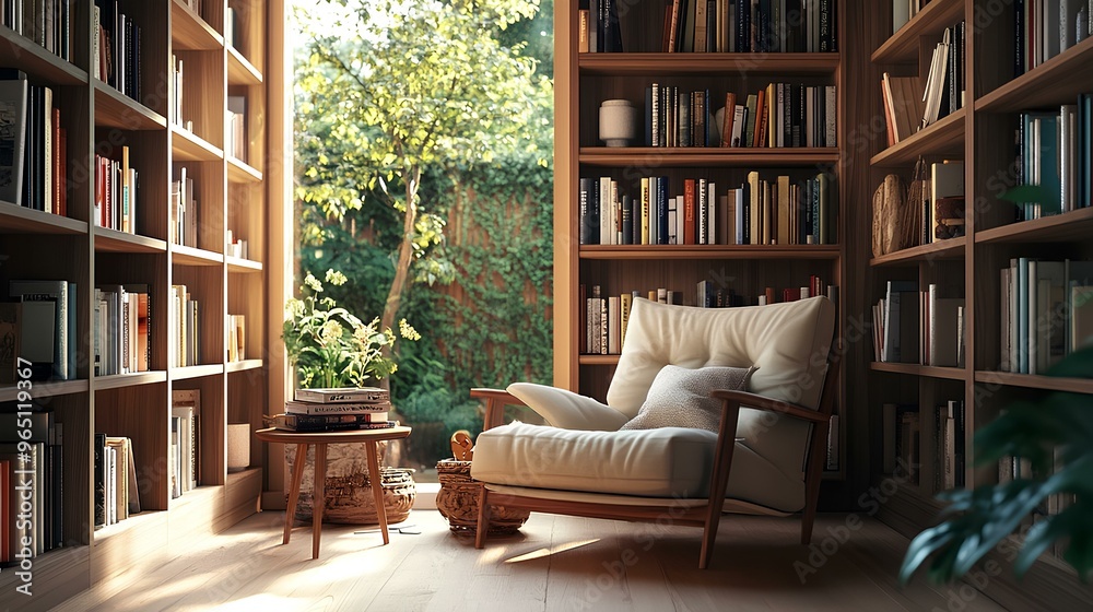 Wall mural Cozy reading nook with built-in bookshelves, a comfortable armchair, and a small side table, illuminated by natural light from a nearby window