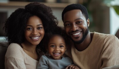 A happy black colored family with two children sitting on the sofa at home, laughing and playing together in the living room. High-quality, realistic photograph. 