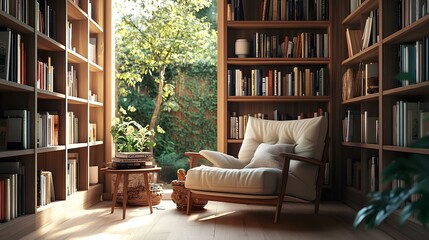 Cozy reading nook with built-in bookshelves, a comfortable armchair, and a small side table, illuminated by natural light from a nearby window