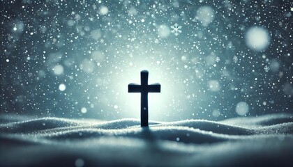 A silhouetted cross with snowflakes gently falling around it, set against a cold blue-gray winter sky.
