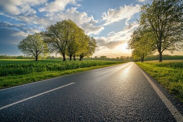 Fototapeta premium Spring evening countryside panorama with asphalt road