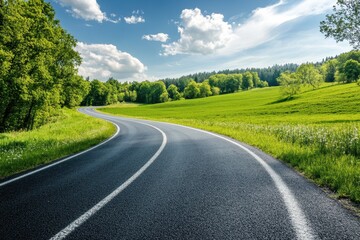 Fototapeta premium Springtime landscape with asphalt road and lush green fields